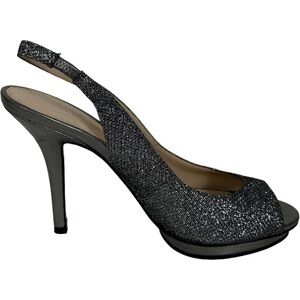 Pelle Moda Rocia Sling Back Pumps Silver Glitter Size 6.5 Heels Metallic Heel‎